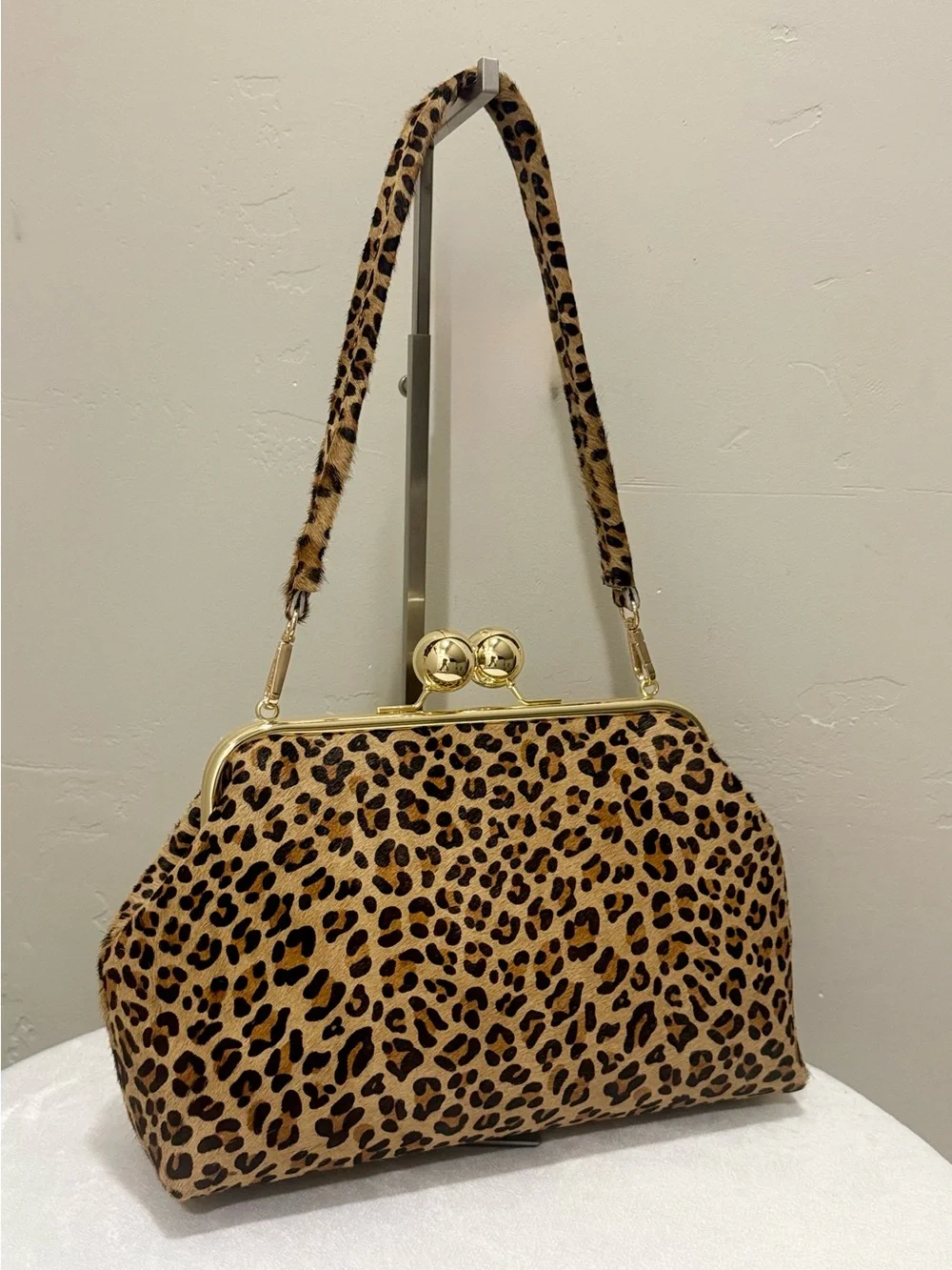 Leopard Print Hair-on Cowhide Handmade Custom Kisslock Frame Bag, & 2 Straps